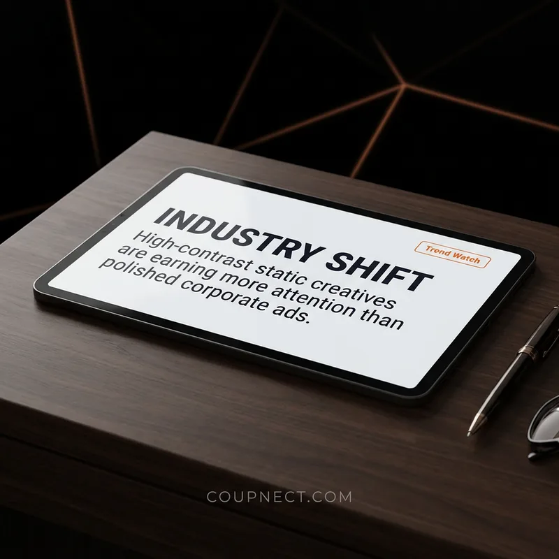 Industry-report style static ad creative comparing static creative performance against corporate ads